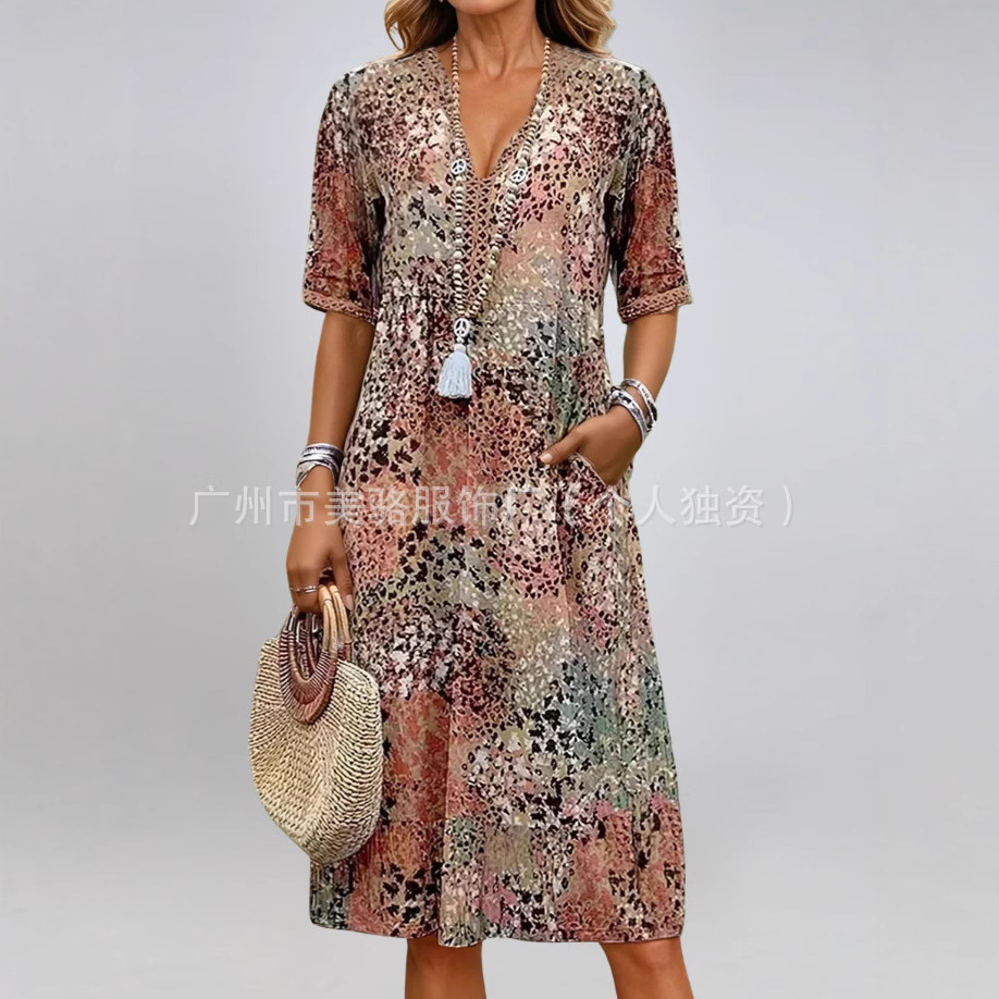 Floral Print V-Neck Short Sleeve Midi Dress with Pockets