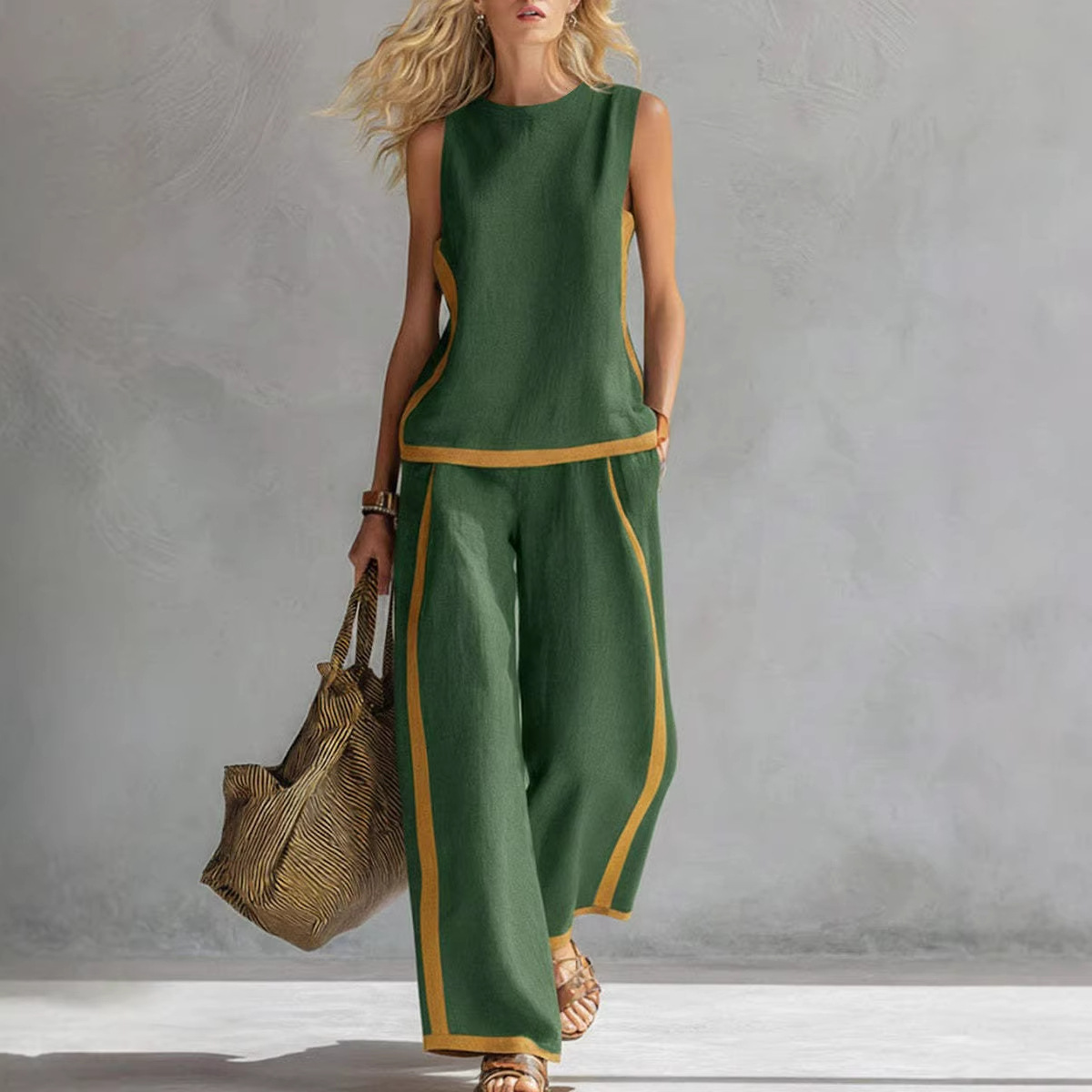 Women's Color-Block Sleeveless Vest & Wide-Leg Pants Set