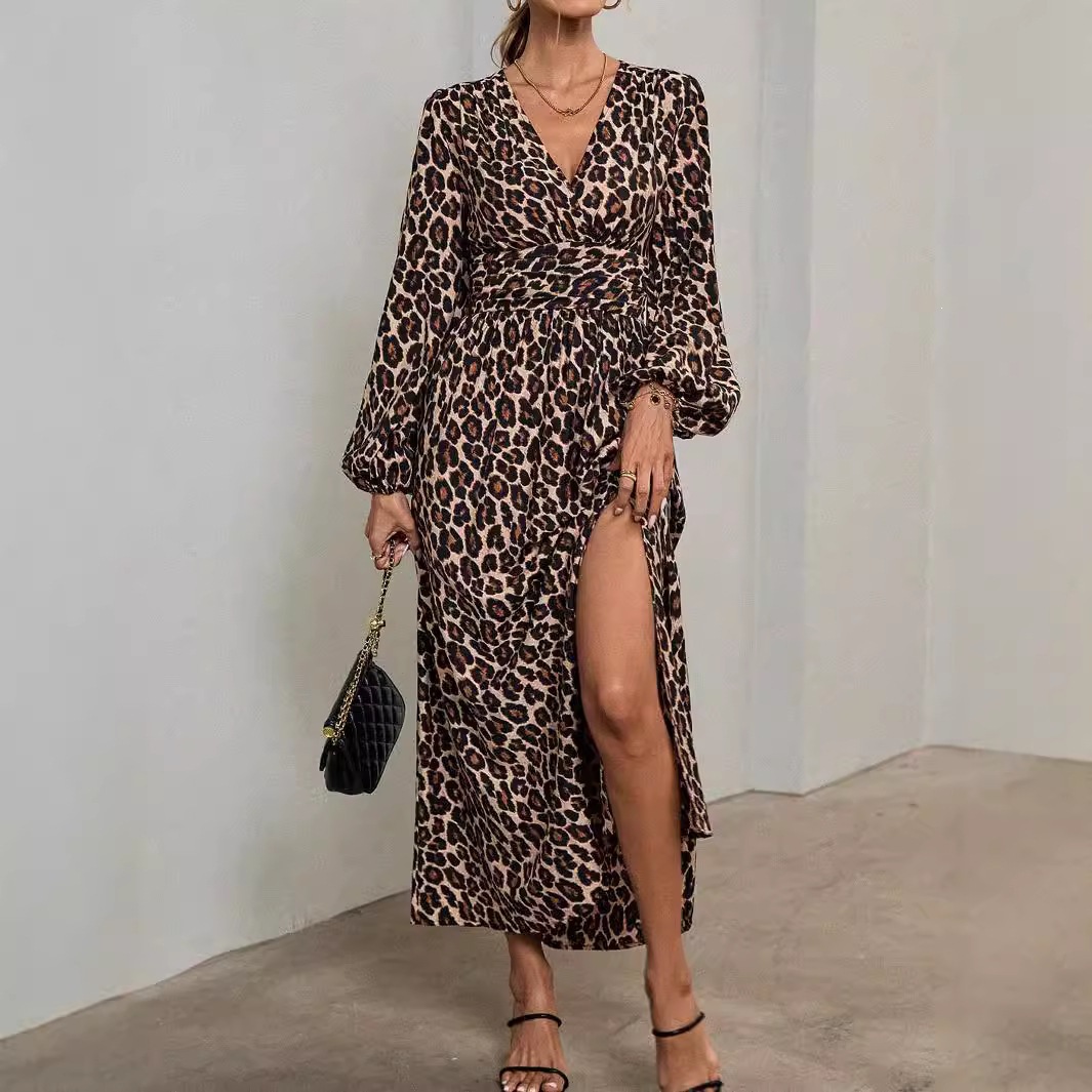 Women's Lantern Sleeve Ruched High Slit Dress