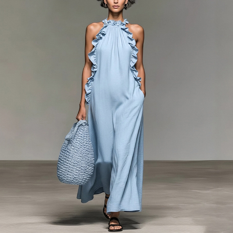 Women's Loose Fit Solid Color Halter Neck Dress with Pockets and Ruffle Hem