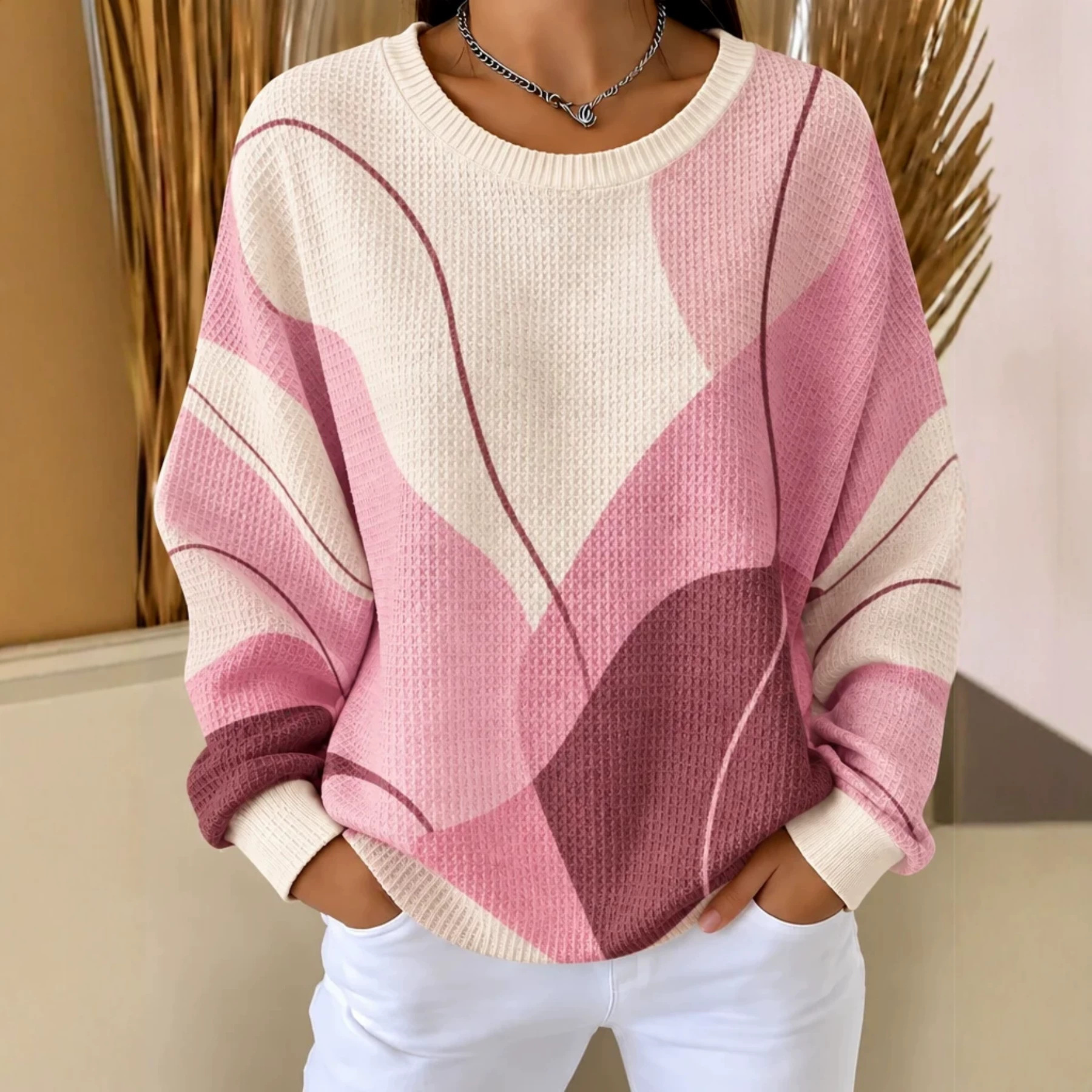 Landscape Line Print Crewneck Long Sleeve Pullover Sweatshirt