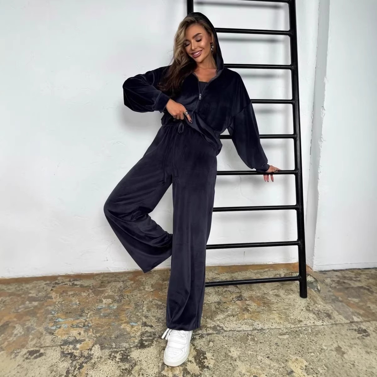 Women's Solid Color Hooded Zip Cardigan & Wide-Leg Pants Set