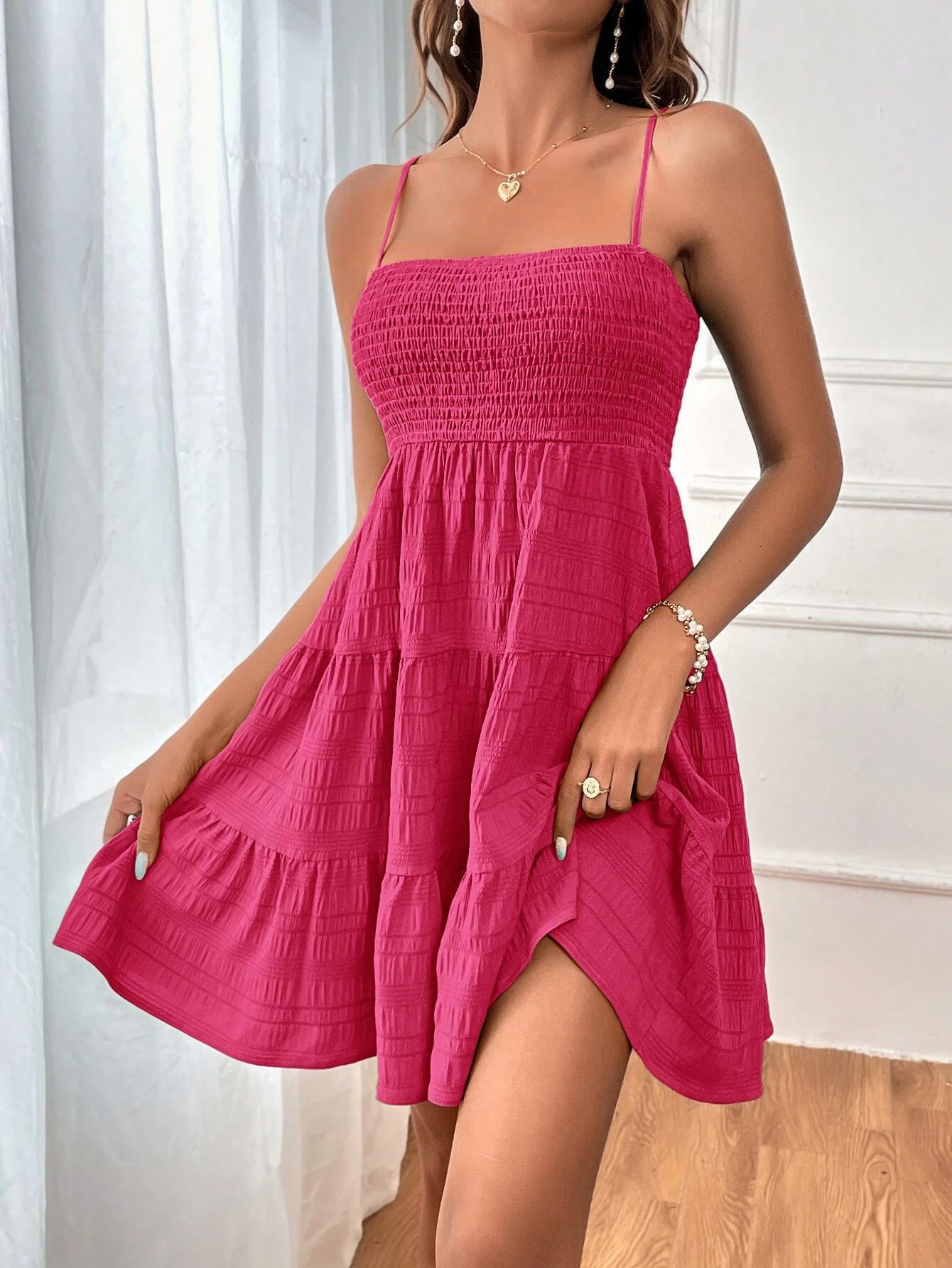 Women's Off-Shoulder Spaghetti Strap Textured Dress Solid Color