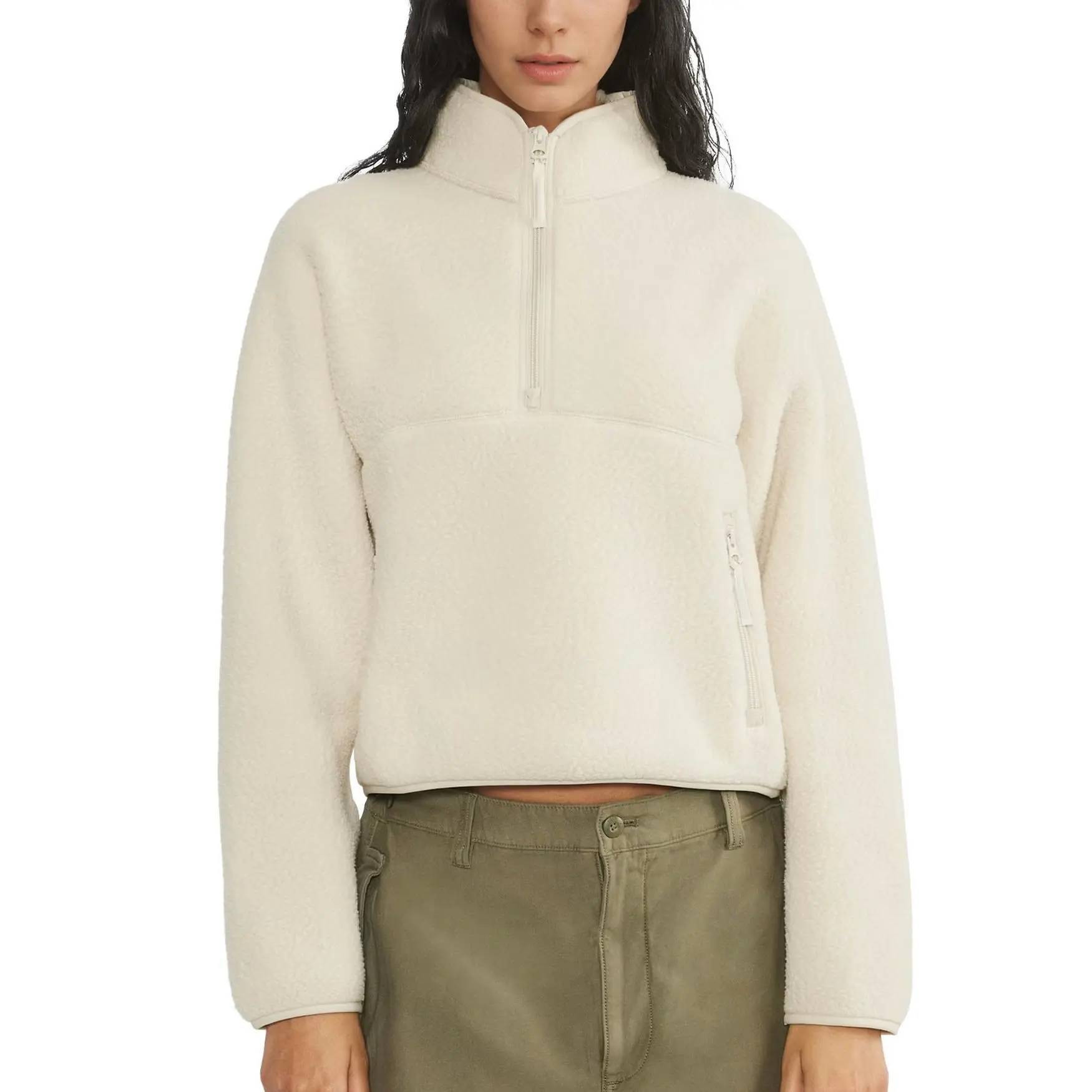 Women's Retro Fleece Half-Zip Pullover Sweatshirt Solid Stand Collar