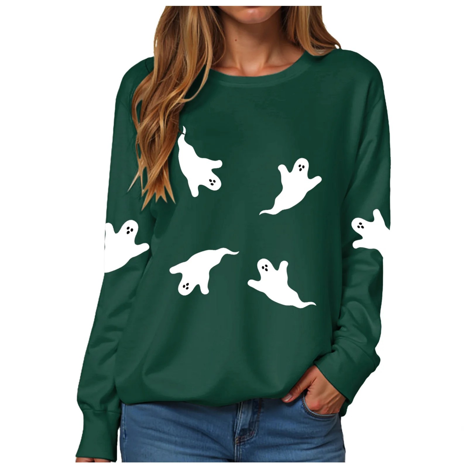 Women's Solid Color Halloween Ghost Crewneck Sweatshirt