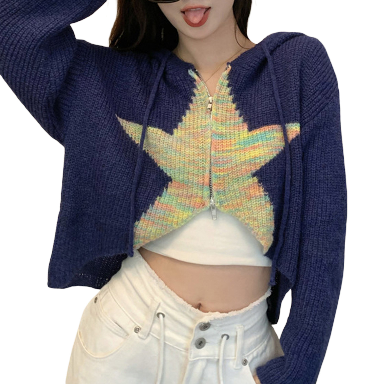 Women's Star Print Hooded Drawstring Cardigan Long Sleeve Top