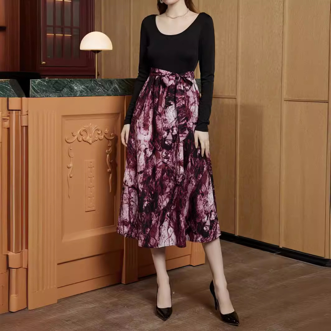 Women's Long Sleeve Floral Print Patchwork Dress