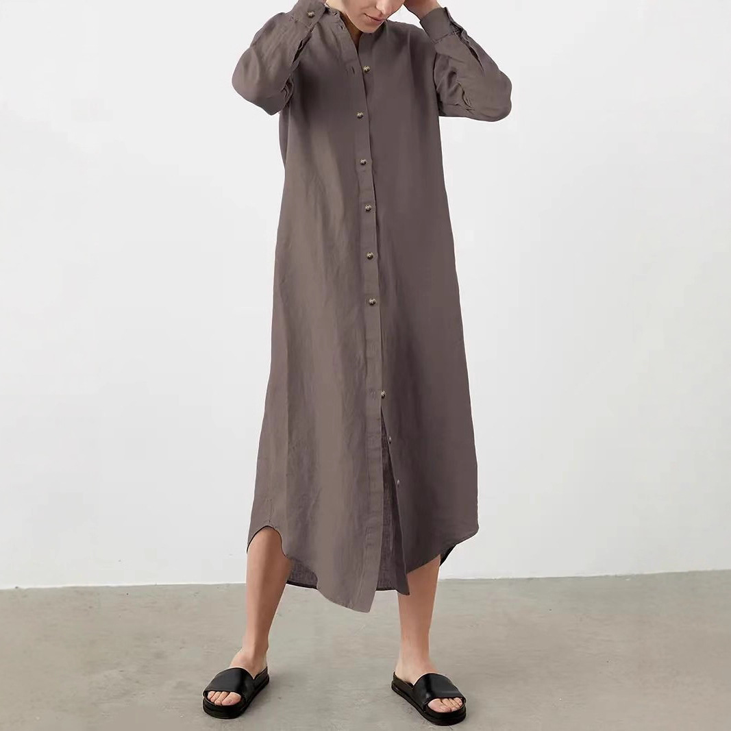 Women's Elegant Loose Single-Breasted Belted Shirt Dress Long Sleeve Midi
