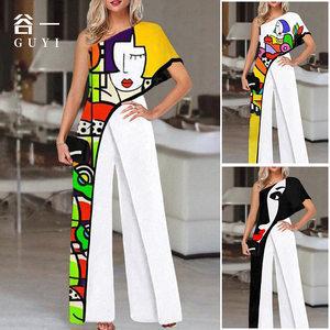 Graffiti Print One-Shoulder High-Waist Wide-Leg Jumpsuit
