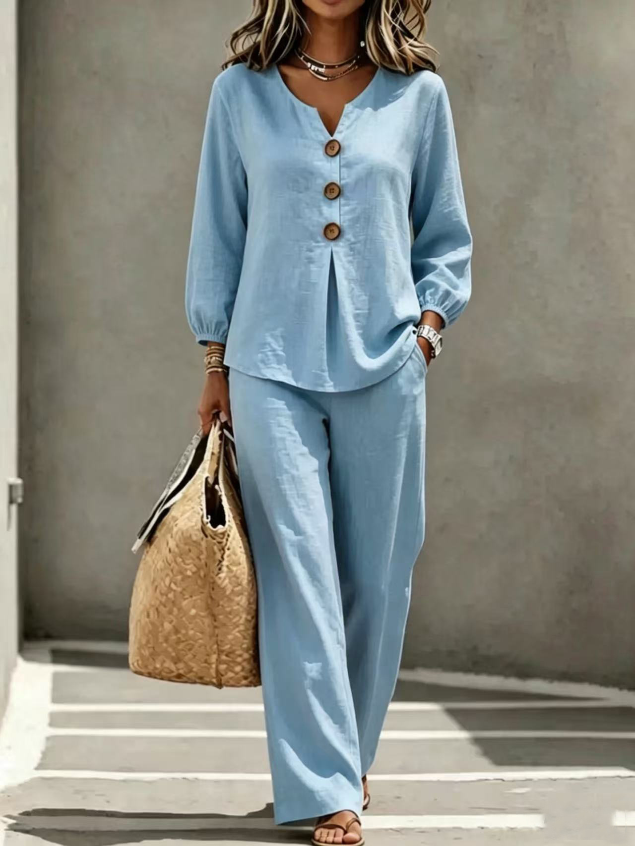 Women's Casual Button V-Neck Ruffle Long Sleeve Top and Pants Set