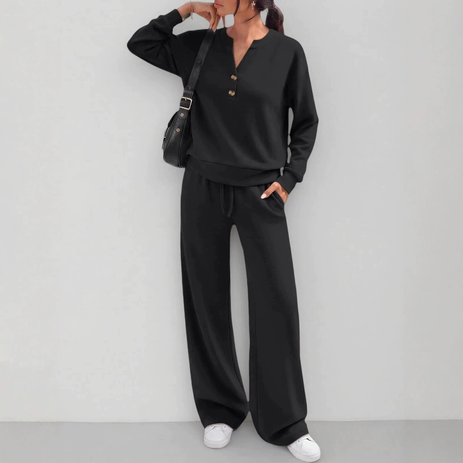 Women's Casual Two-Piece Set Long Sleeve Top & Wide-Leg Pants