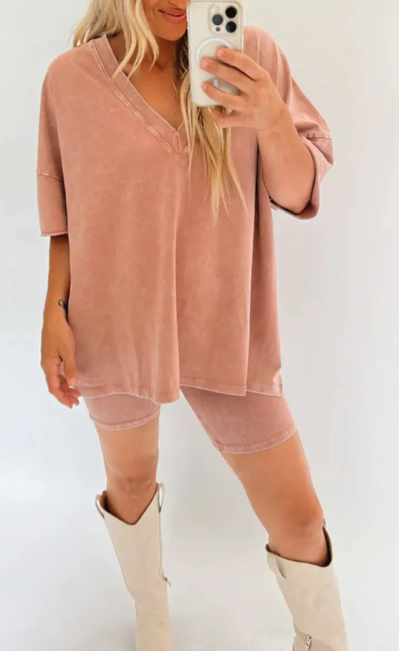 V-Neck Faux Denim Two-Piece Set with Short Sleeve Tee and High-Waist Shorts