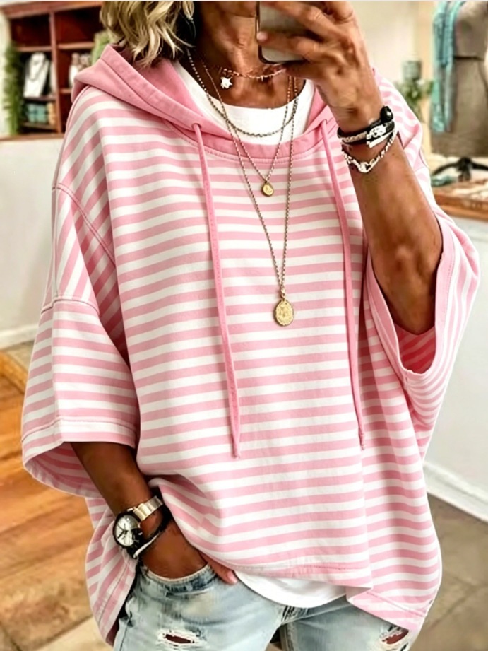 Women's Loose Striped Hooded 3/4 Sleeve Pullover Hoodie