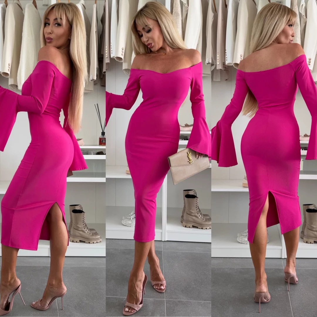 Women's Solid One-Shoulder Flare-Sleeve Bodycon Midi Dress