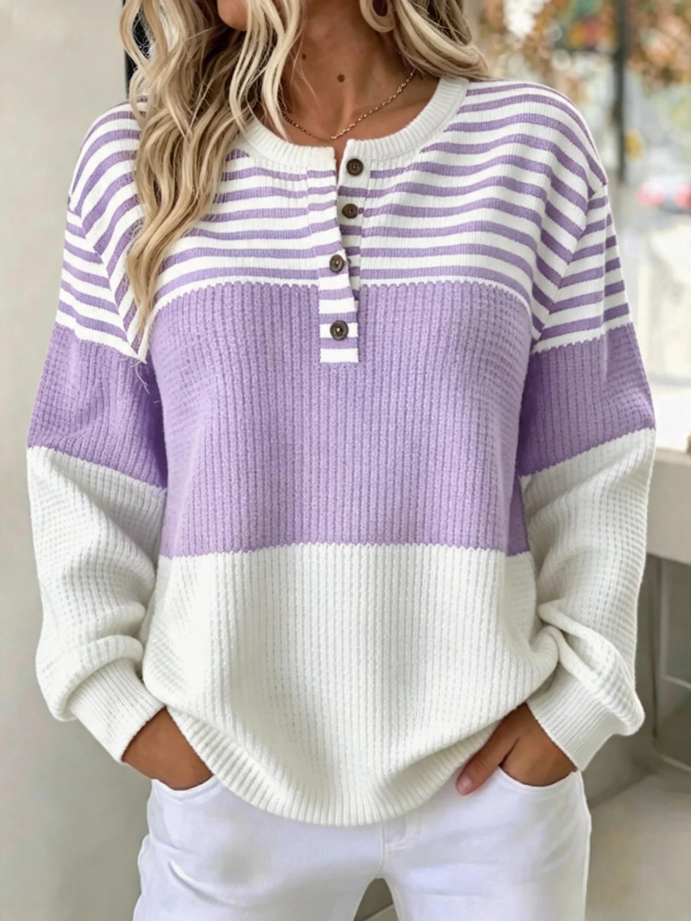 Women's Retro Striped Print Buttoned Casual Sweatshirt
