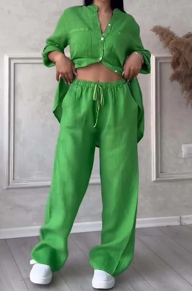 Cotton-Linen Solid Shirt & Drawstring Wide-Leg Pants Set
