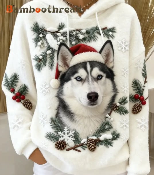 Christmas Cat Print Fleece Hoodie Women's Pullover