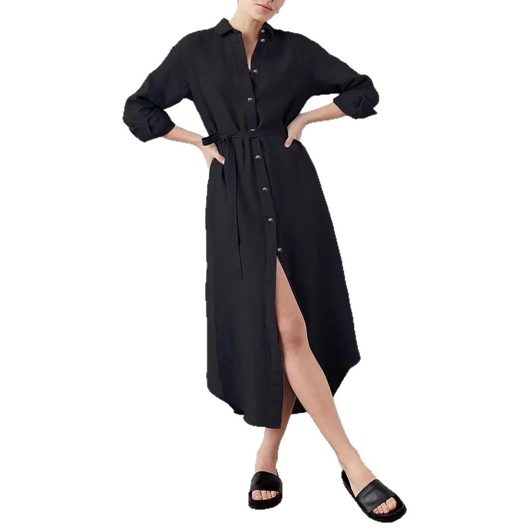 Women's Elegant Loose Single-Breasted Belted Shirt Dress Long Sleeve Midi