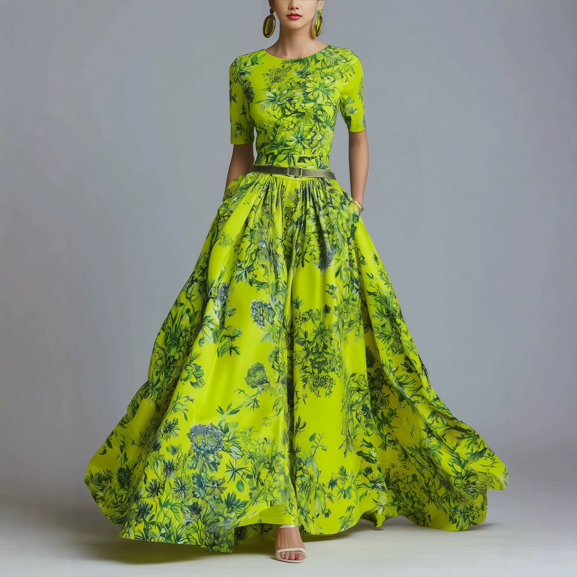 Women's Elegant Floral Print Maxi Dress with Belt