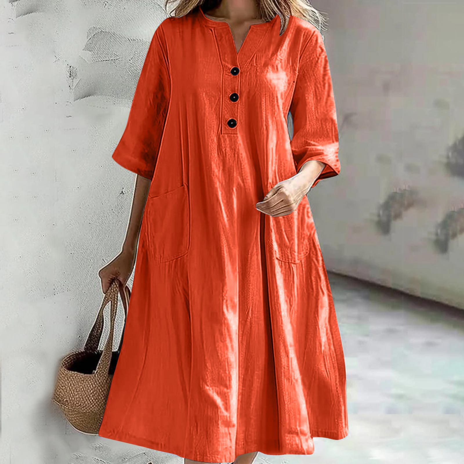 Women's Midi V-Neck Half-Sleeve Cotton-Linen Loose Dress with Three Buttons and Pockets