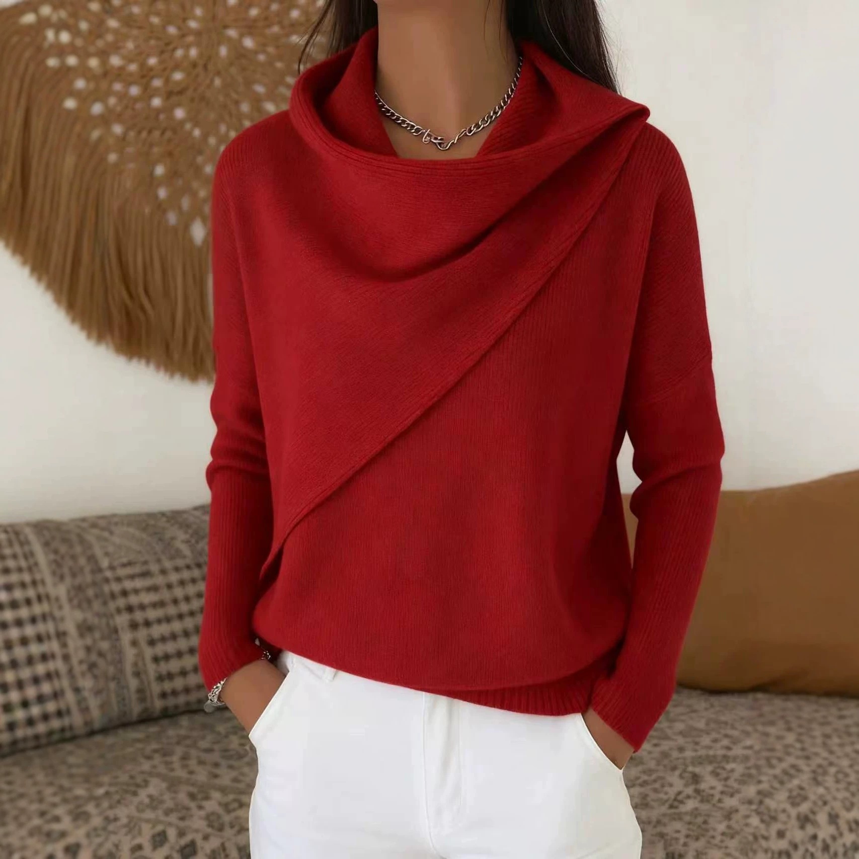 Women's Crewneck Knit Pullover Sweater Casual Loose Solid Color