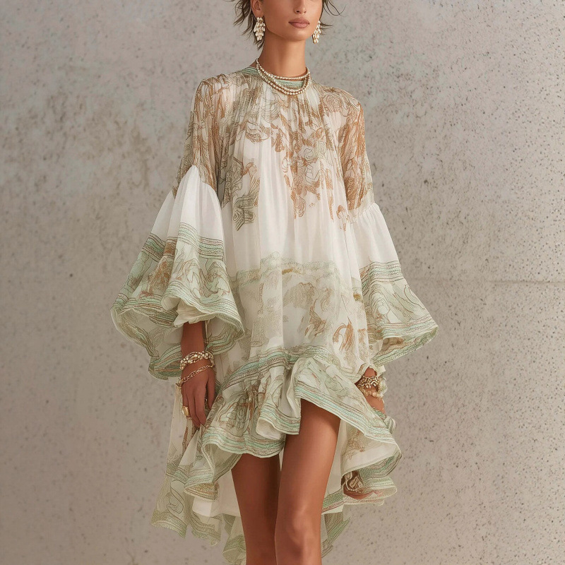 Women's Printed Ruffle Dress Loose Flowy Vacation Short Dress
