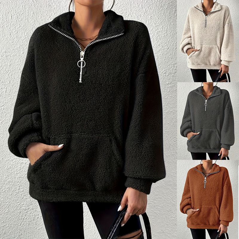 Fleece-Lined Zip-Up Hoodie for Women with Stand Collar and Pockets