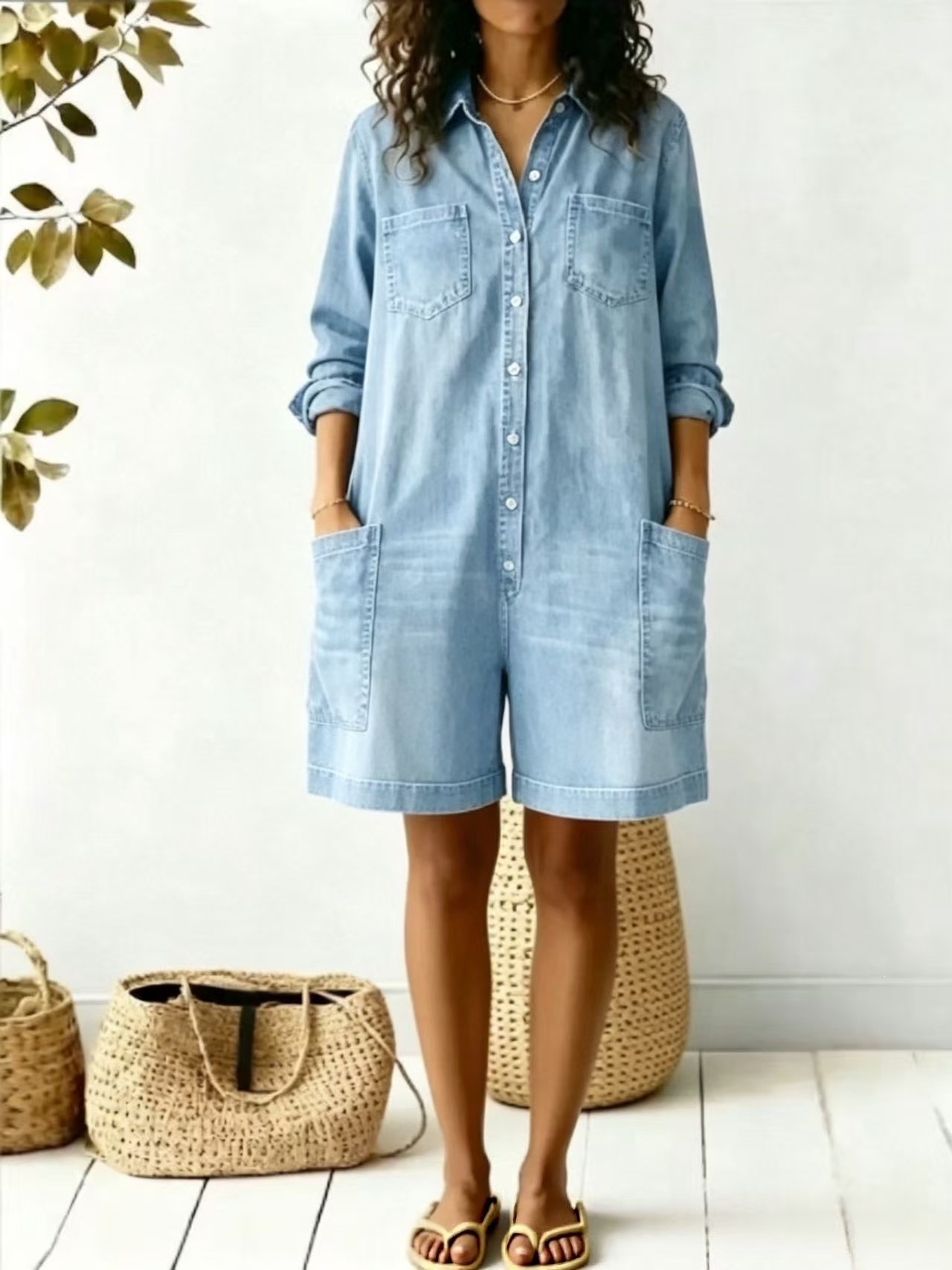 Women's Loose Faux Denim Romper Long Sleeve Casual Dress