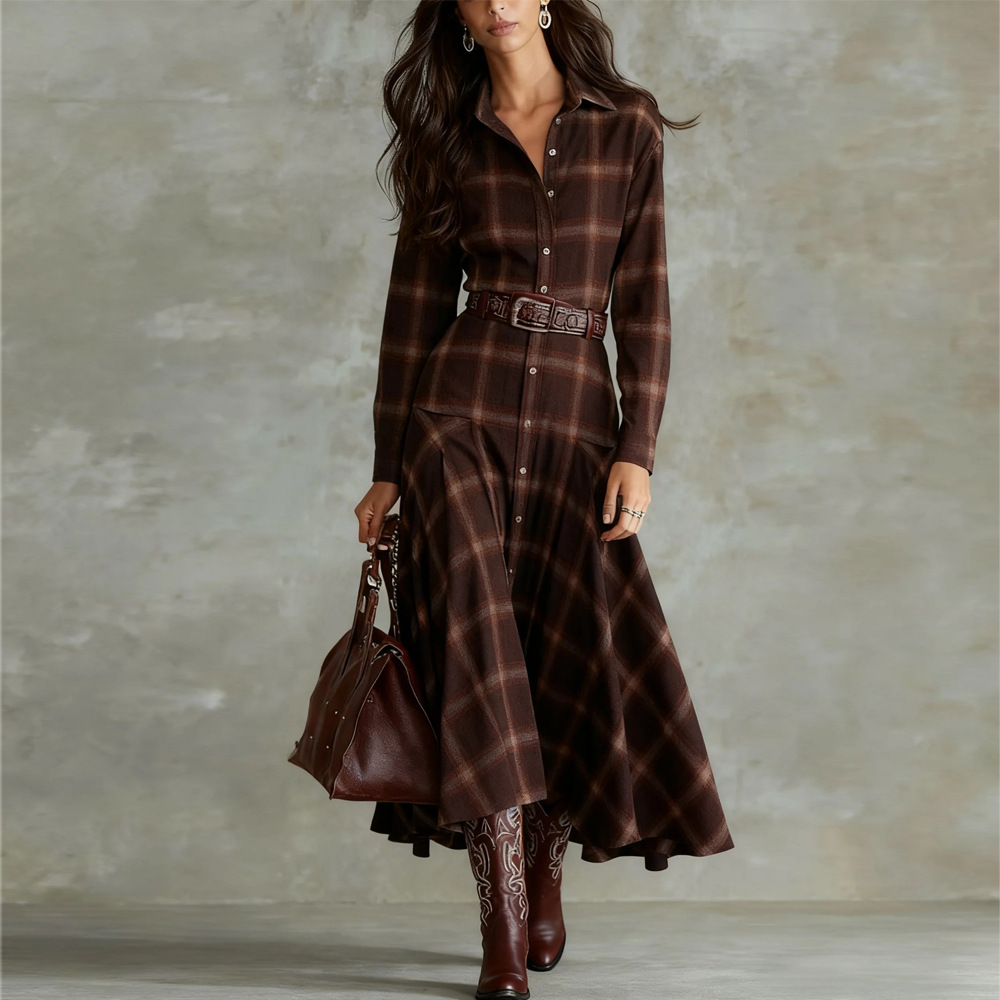 Women's Retro Plaid Long Sleeve Shirt Dress