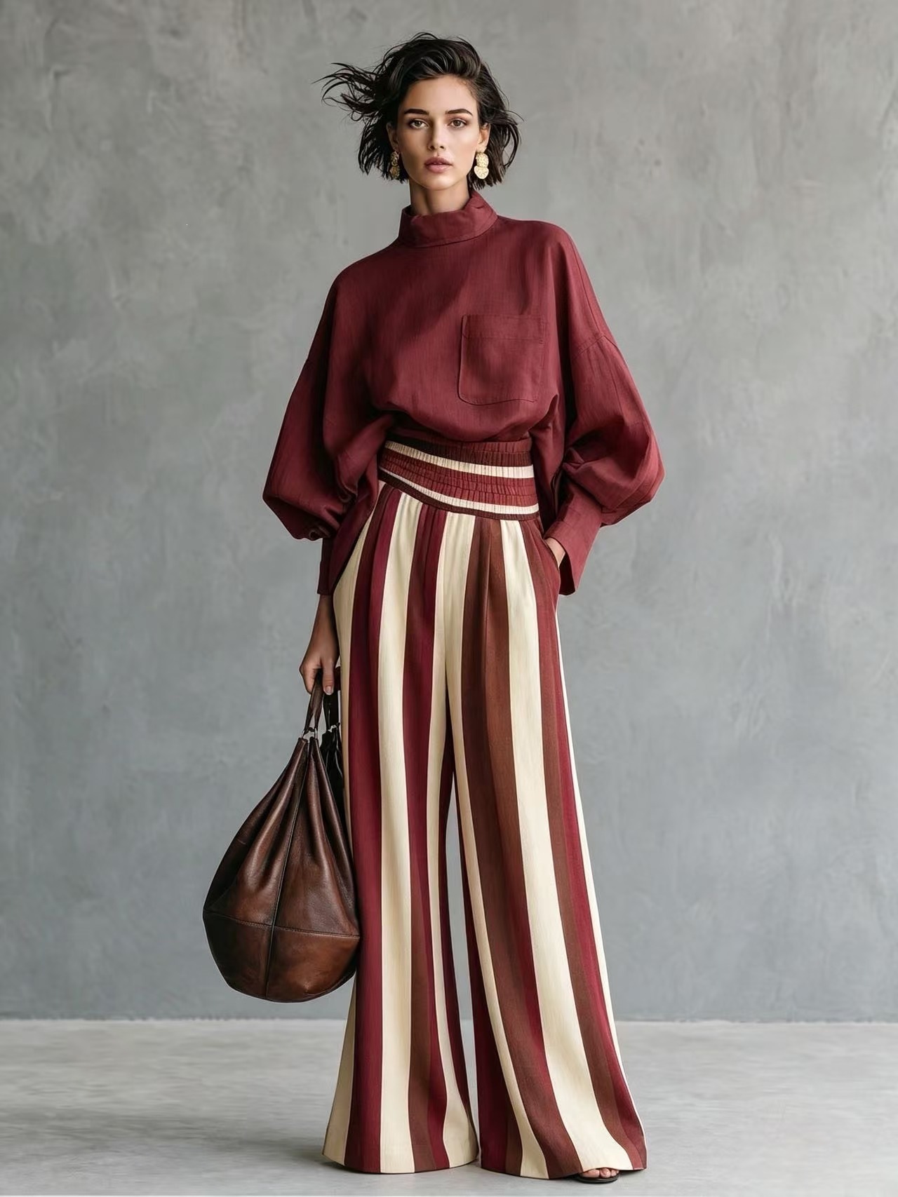 Women's Striped Mock Neck Long Sleeve T-Shirt and Pants Set