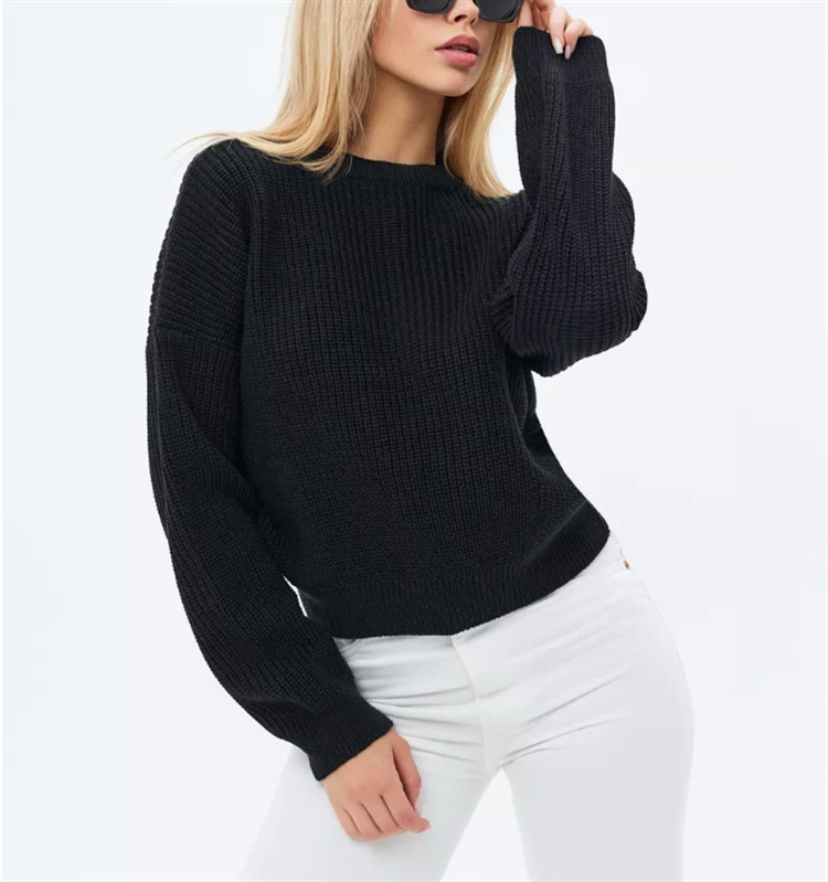 Loose Solid Color Distressed Crewneck Pullover Sweater Long Sleeve Mid-Length