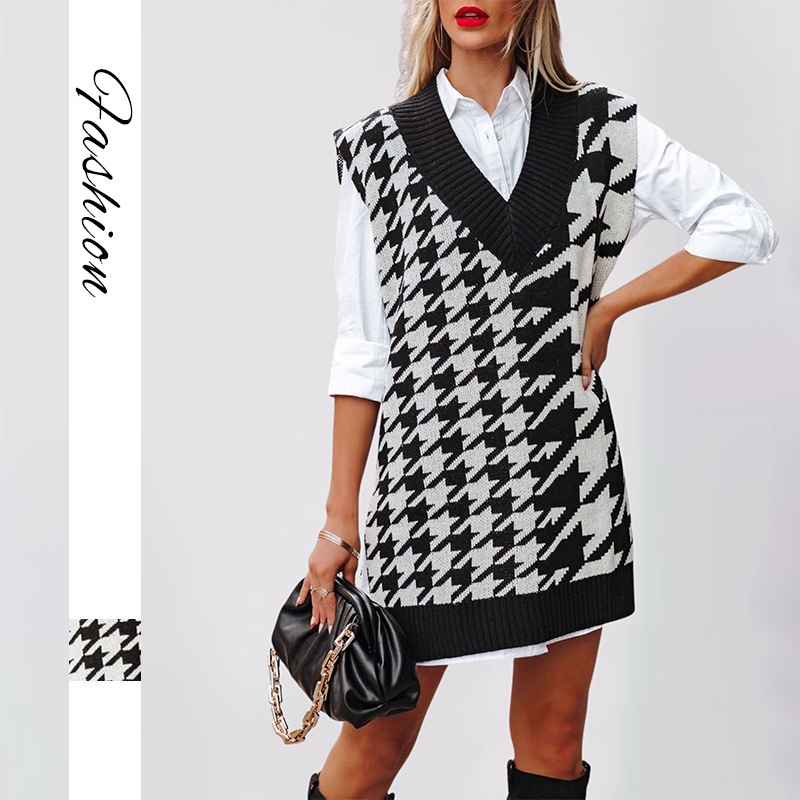 Women's Loose V-Neck Houndstooth Knit Sweater Vest Sleeveless