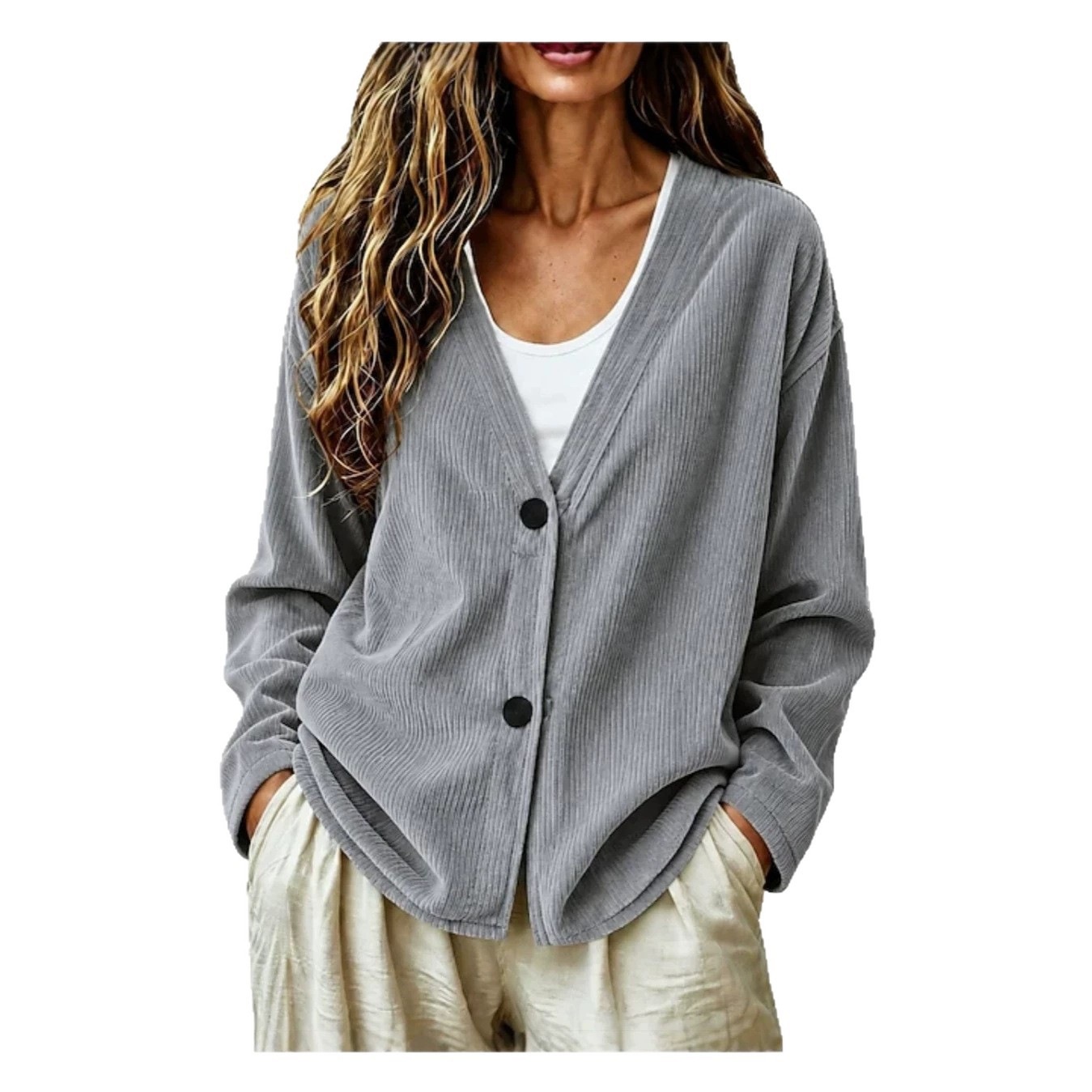 Women's Corduroy V-Neck Button-Front Long-Sleeve Cardigan