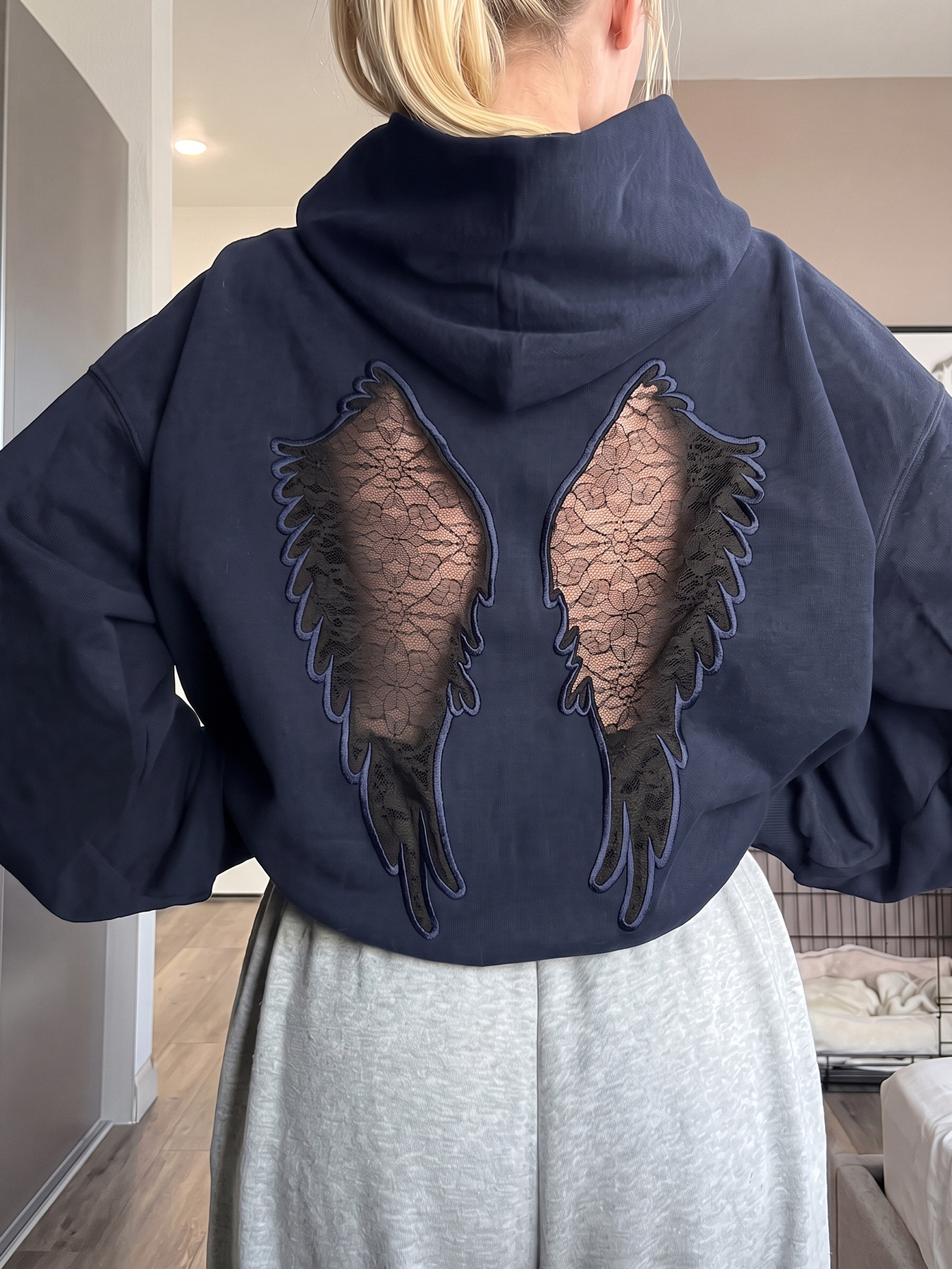 Women's Casual Hooded Cutout Embroidered Wing Long-Sleeve Sweatshirt