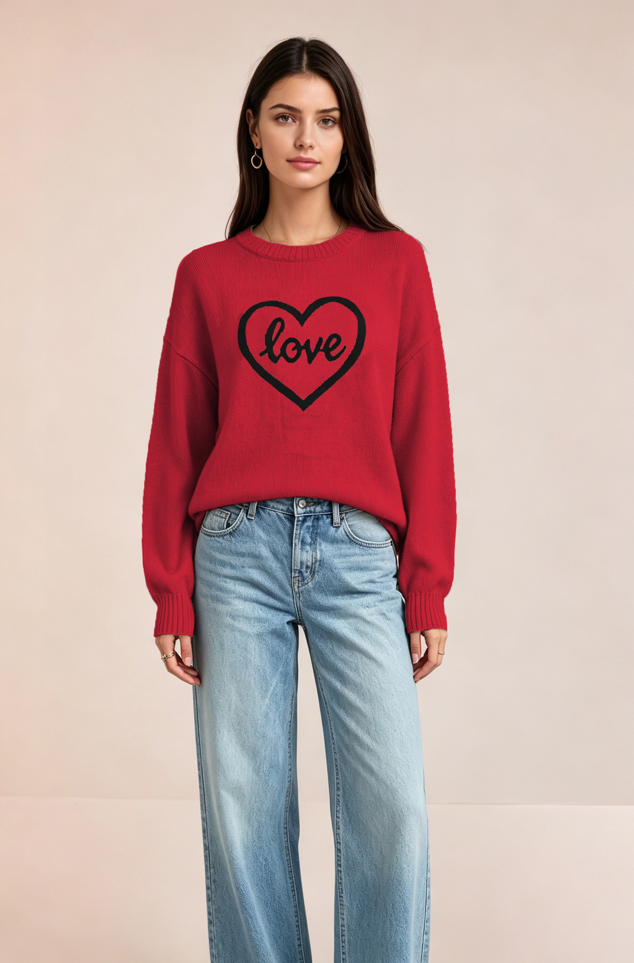 Heart Knit Sweater for Women Crewneck Long Sleeve Pullover