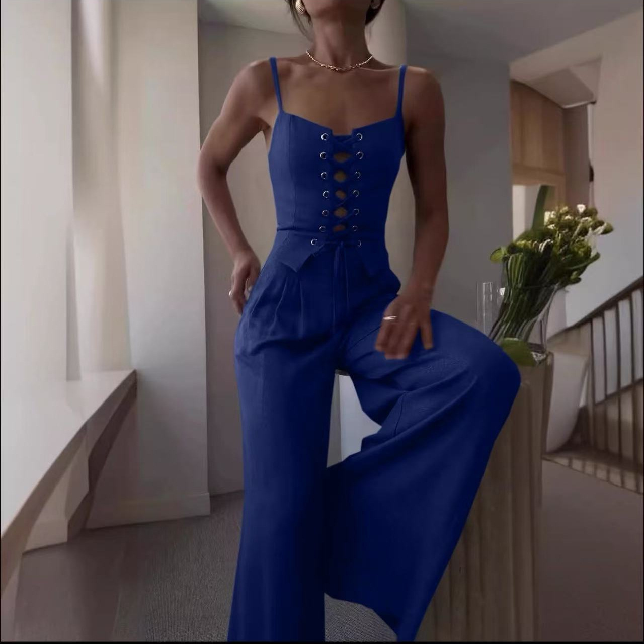 Sleeveless Cutout Lace-Up Top and Wide-Leg Pants Set
