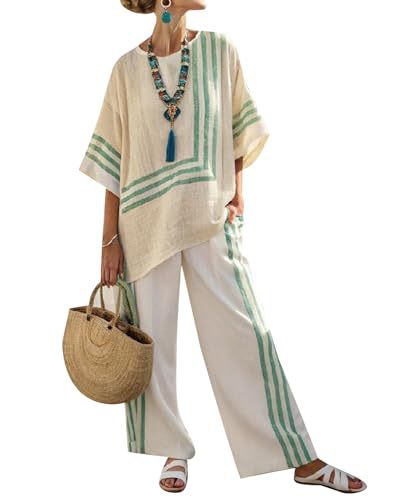 Women's Striped Print Crewneck 3/4 Sleeve Top & Pants Casual Set