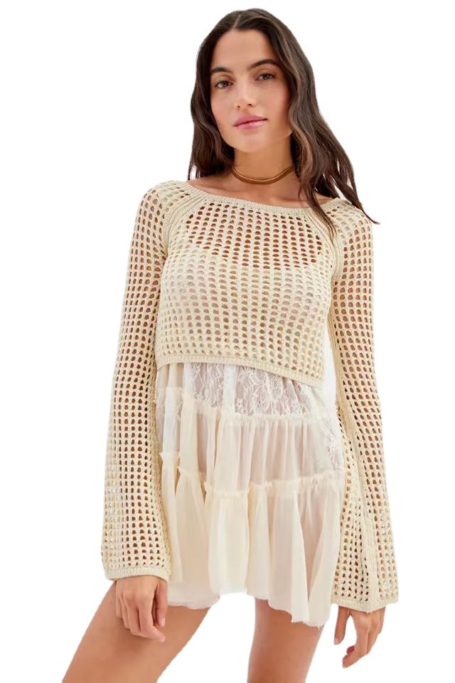 Women's Color-Block Hollow-Out Long-Sleeve Cropped Knit Top