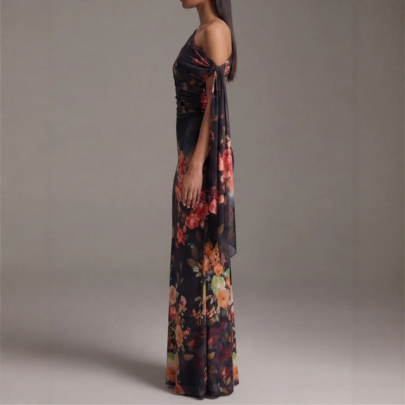 Sleeveless Digital Print One-Shoulder Waist-Cinched Long Dress