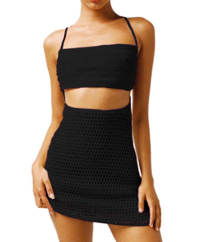 Women's Halter Neck Backless Crop Top and High-Waist Bodycon Knit Skirt Set