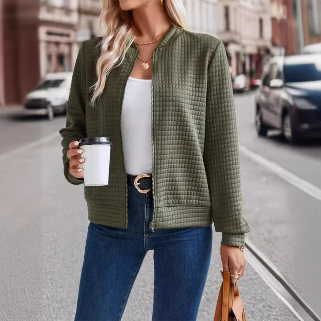 Women's Solid Color Zip-Up Jacket with Textured Finish