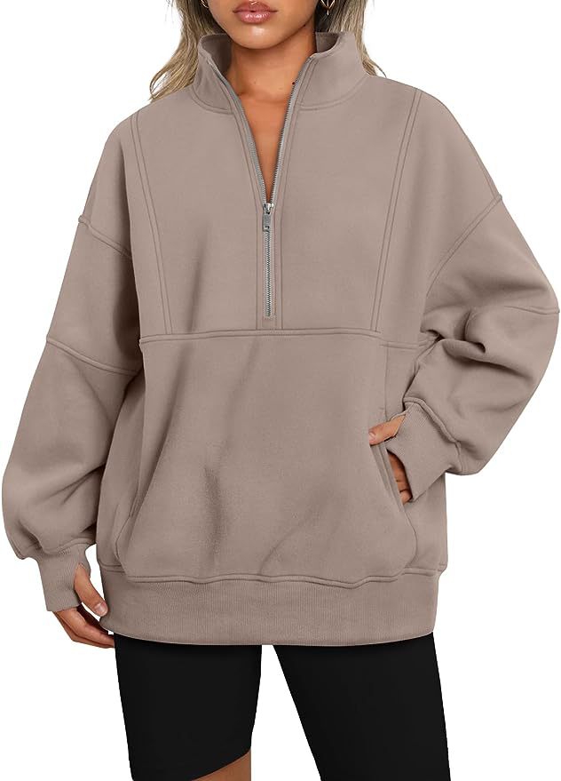 Women's Fleece-Lined Half-Zip Pullover Hoodie with Pockets and Stand Collar
