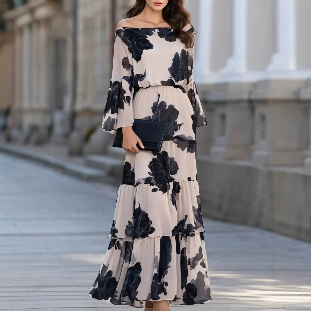 Off-Shoulder Floral Print Loose Long Dress with Bell Sleeves