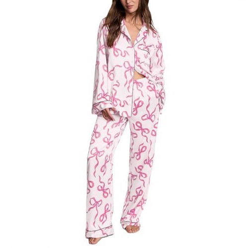 Cuban Collar Bow Ribbon Print Long Sleeve Women's Set