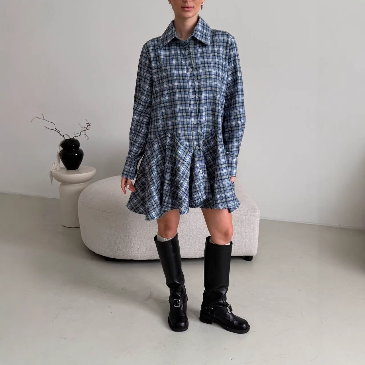 Retro Plaid Collared Slimming Shirt Dress with Puff Skirt