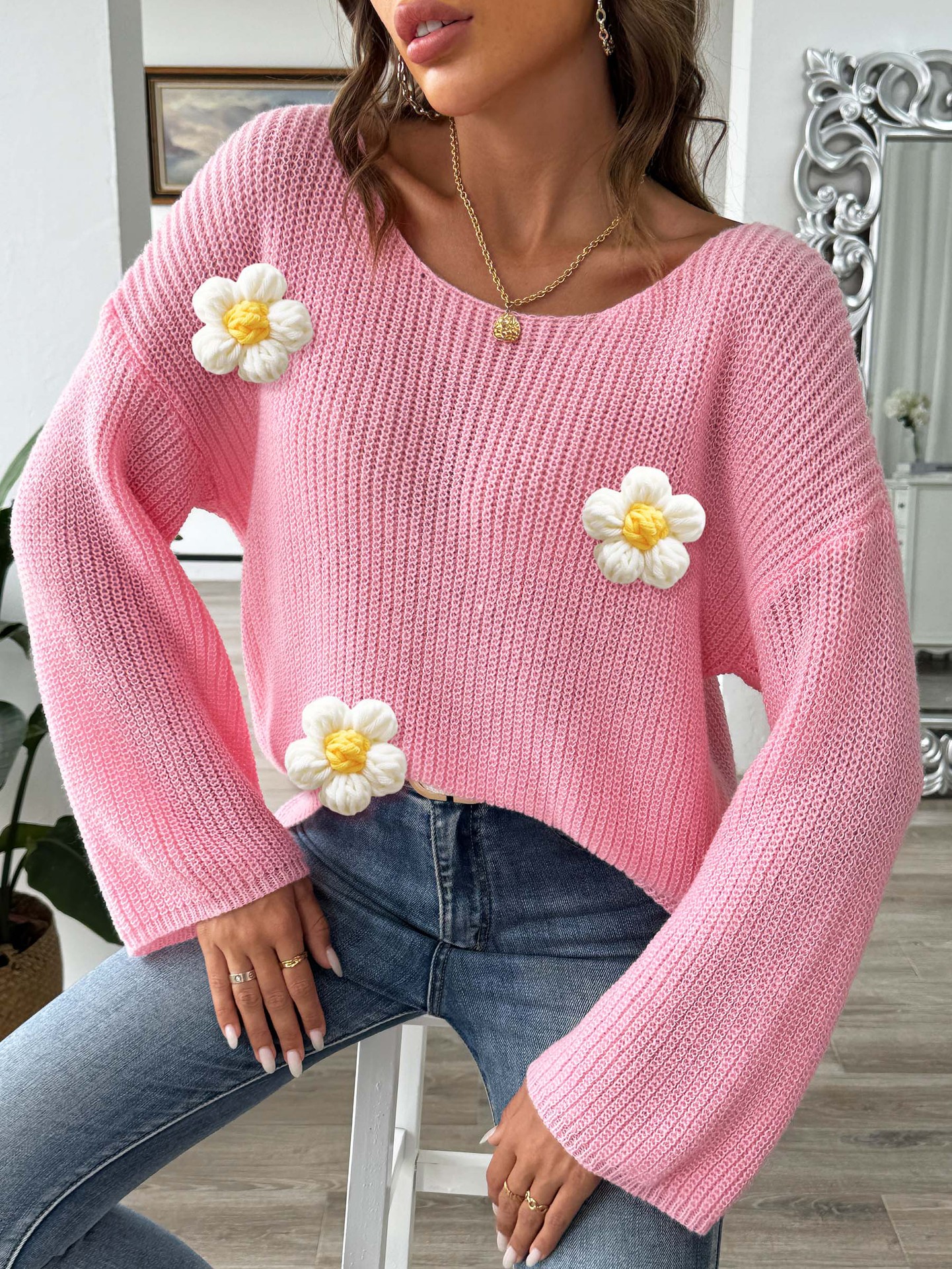 Women's Off-Shoulder Pullover Sweater with Flared Sleeves and Floral Appliqué