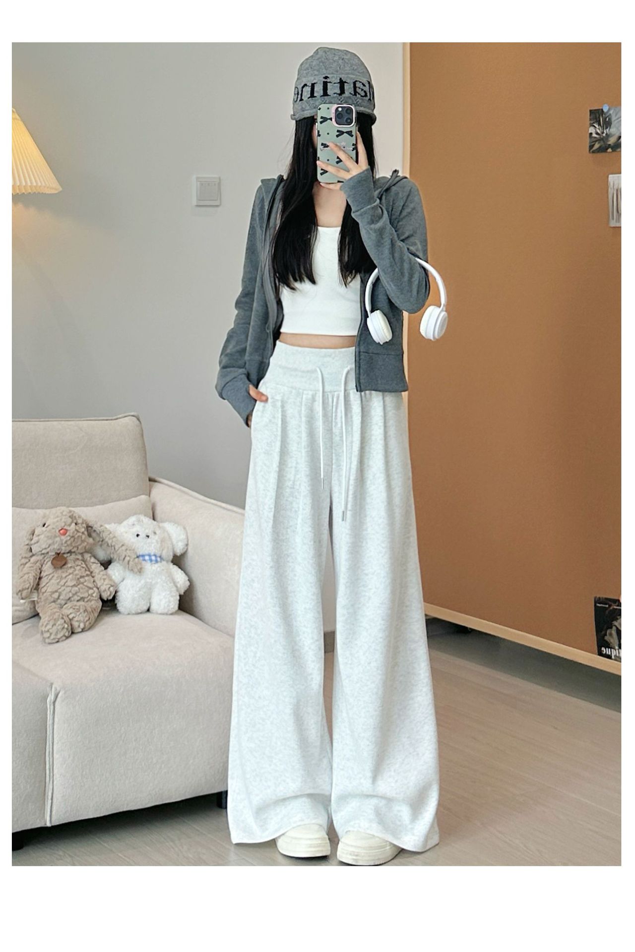Women's American Retro Wide-Leg Sweatpants Loose Straight Navy
