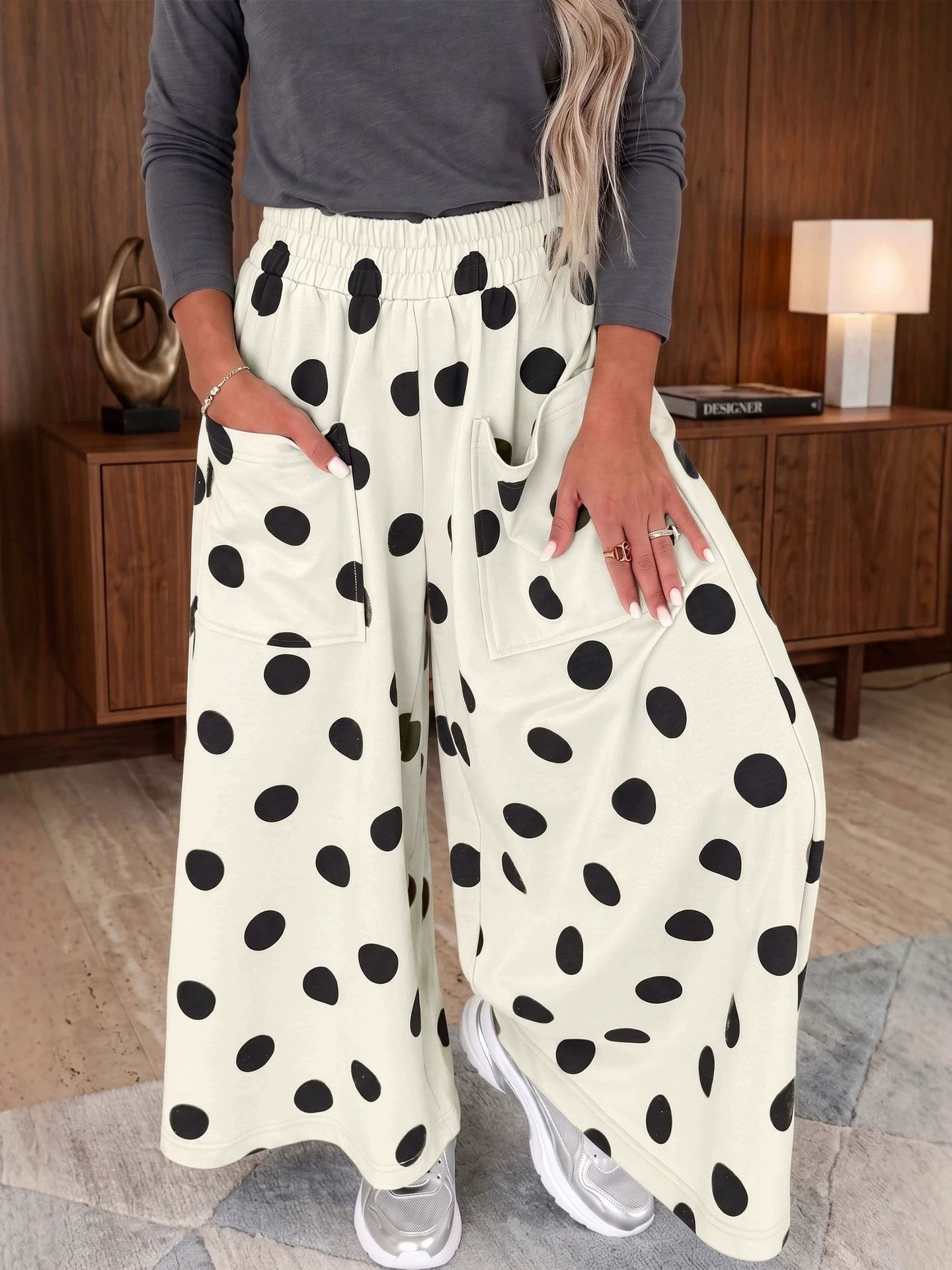 High-Waist Polka Dot Wide-Leg Pants with Pockets
