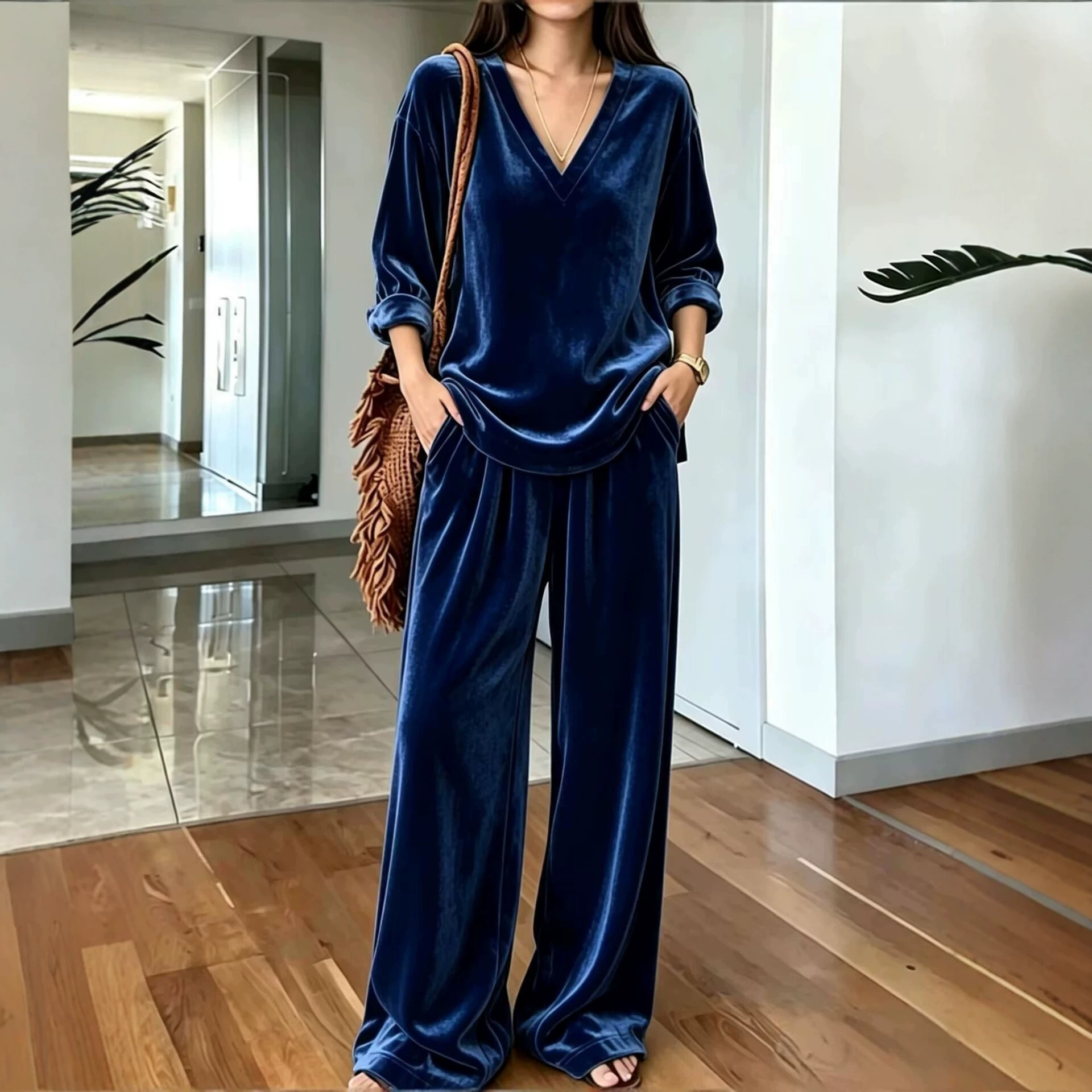 Women's V-Neck Long Sleeve Top & Wide Leg Pants Two-Piece Set