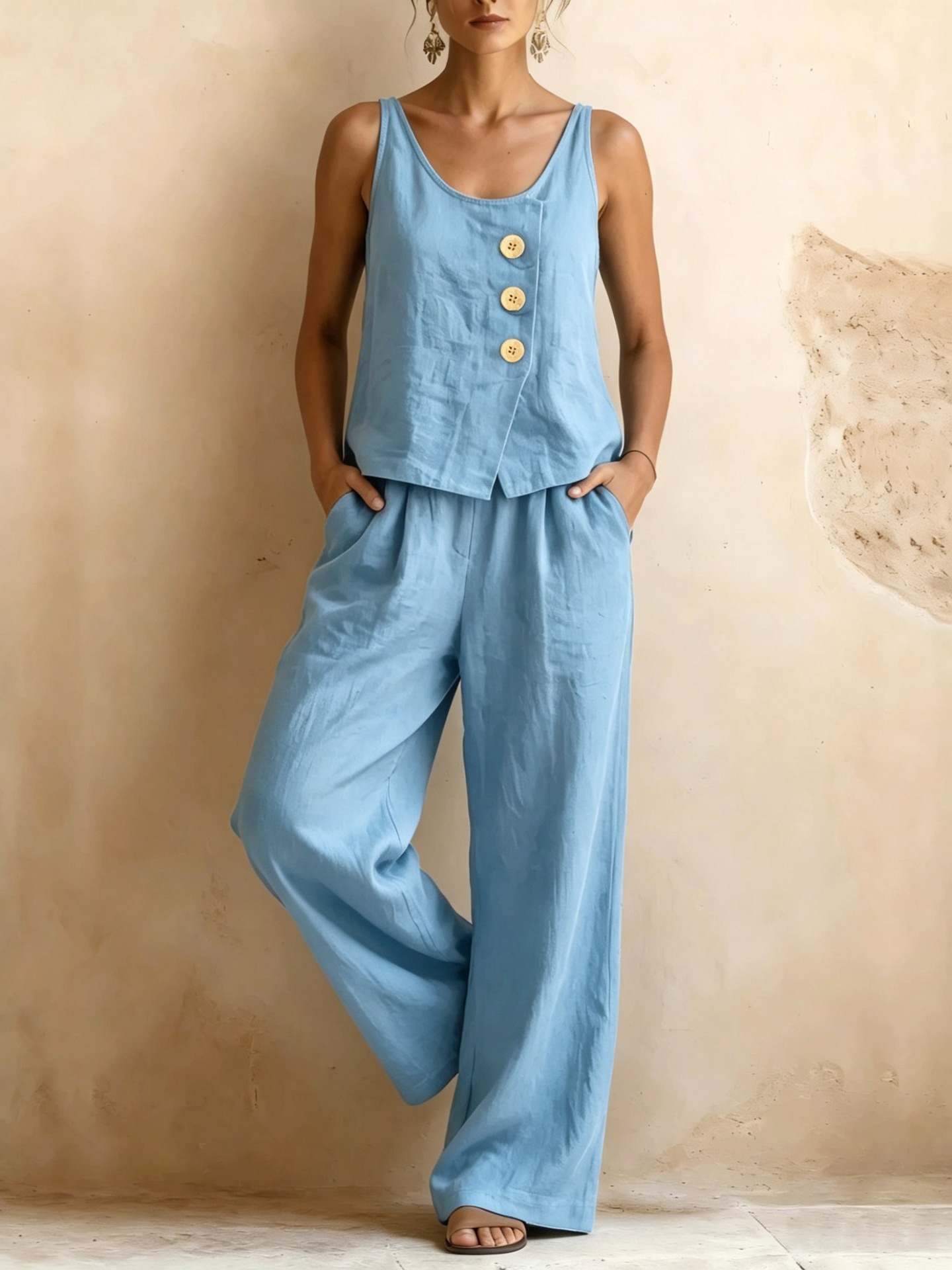 Women's Sleeveless Vest & Wide-Leg Pants Cotton-Linen Two-Piece Set
